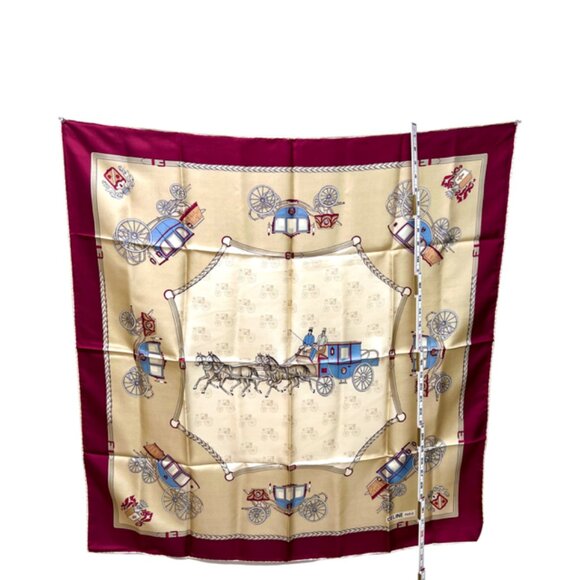 Unused Celine Paris Scarf  100% Silk  34" Gold Tan Brgendy Carriage Horses (39) - Picture 11 of 13